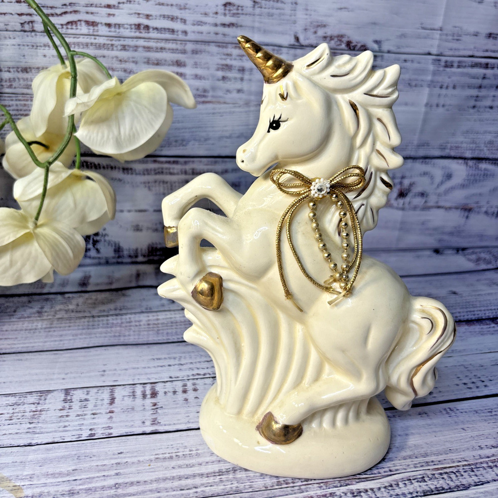 Vintage Porcelain Rearing Unicorn Figurine Gold Horn Hooves Ribbon Rhinestone